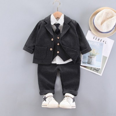 韩版男童条纹衬衫长袖领带西服童装西装马甲单排扣礼服外套四件套图2