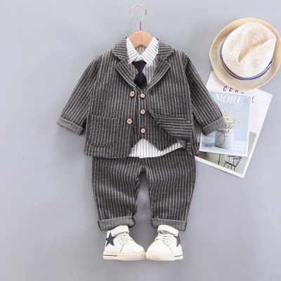 韩版男童条纹衬衫长袖领带西服童装西装马甲单排扣礼服外套四件套图3