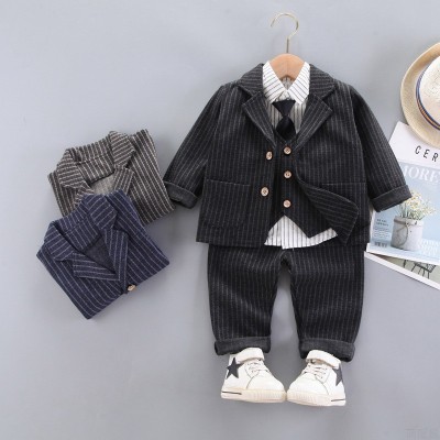 韩版男童条纹衬衫长袖领带西服童装西装马甲单排扣礼服外套四件套图5