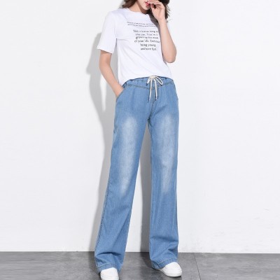 秋季薄款松紧高腰抽绳阔腿牛仔裤女2023年春夏新款直筒拖地长裤子图3