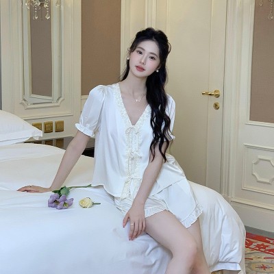 法式冰丝睡衣女2024年夏季新款短袖短裤两件套甜美少女套装家居服图2