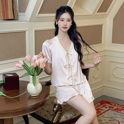 法式冰丝睡衣女2024年夏季新款短袖短裤两件套甜美少女套装家居服图5