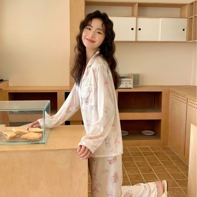 粉色小熊睡衣少女感ins韩风甜美仿真丝春季新款家居服翻领薄款图3