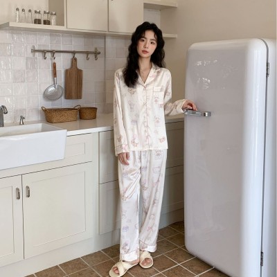 粉色小熊睡衣少女感ins韩风甜美仿真丝春季新款家居服翻领薄款图2