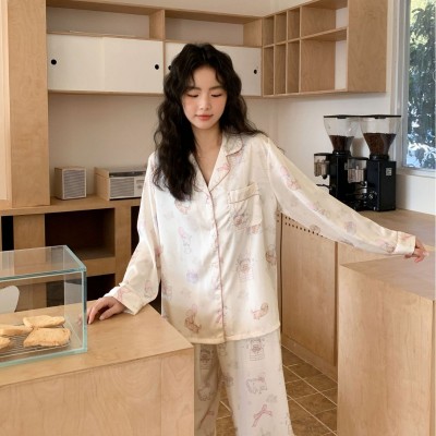 粉色小熊睡衣少女感ins韩风甜美仿真丝春季新款家居服翻领薄款图5