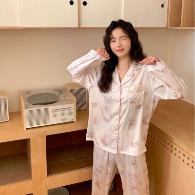 粉色小熊睡衣少女感ins韩风甜美仿真丝春季新款家居服翻领薄款图4