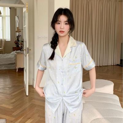 【蓝风铃】甜美风碎花睡衣女短袖长裤小清新冰丝家居服夏季薄款图5