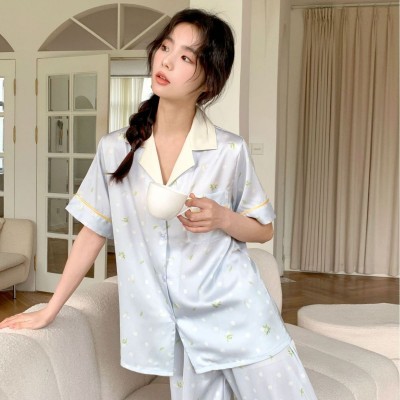 【蓝风铃】甜美风碎花睡衣女短袖长裤小清新冰丝家居服夏季薄款图4