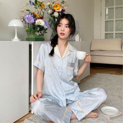 【蓝风铃】甜美风碎花睡衣女短袖长裤小清新冰丝家居服夏季薄款图2