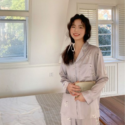 紫色斑点狗睡衣女高级感ins薄款冰丝长袖长裤2024春季新款小众图3