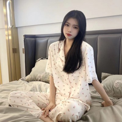 睡衣女2022年新款四件套冰丝薄款短袖夏季可爱小碎花蕾丝边家居服图3