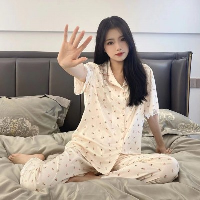 睡衣女2022年新款四件套冰丝薄款短袖夏季可爱小碎花蕾丝边家居服图5