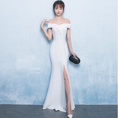 晚礼服女2024新款鱼尾长款结婚宴会开叉连衣裙性感优雅一字肩礼服图2