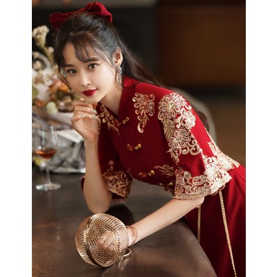 敬酒服新娘旗袍夏季结婚订婚回门礼服女中式秀禾服酒红色长款显瘦图3