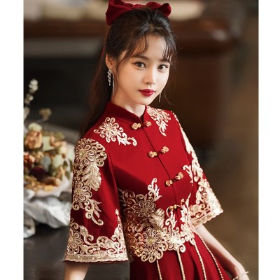 敬酒服新娘旗袍夏季结婚订婚回门礼服女中式秀禾服酒红色长款显瘦图2