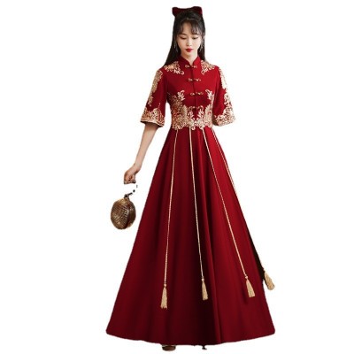 敬酒服新娘旗袍夏季结婚订婚回门礼服女中式秀禾服酒红色长款显瘦图5