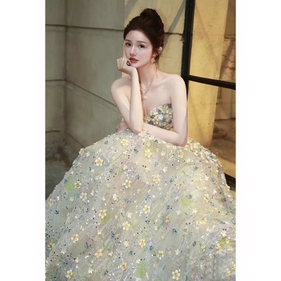 花朵晚礼服女订婚礼裙抹胸长款音乐生声乐艺考连衣裙高级感敬酒服图1