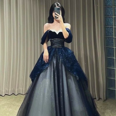 晚礼服女新款高级感蓝色仙气在逃公主一字肩主持人生日订婚裙图1