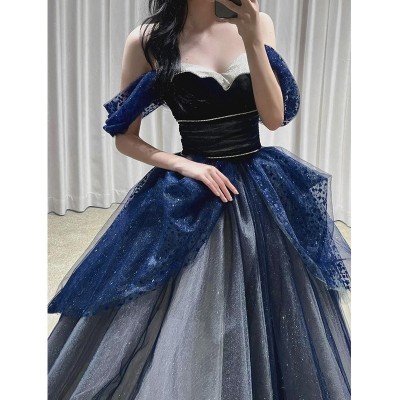 晚礼服女新款高级感蓝色仙气在逃公主一字肩主持人生日订婚裙图3