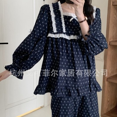 韩版秋冬家居服睡衣纯棉方领显瘦宽松印花睡衣女春秋可外穿图2