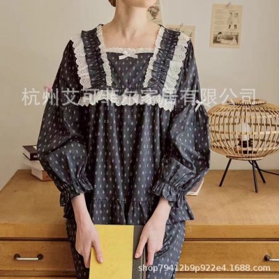 韩版秋冬家居服睡衣纯棉方领显瘦宽松印花睡衣女春秋可外穿图5