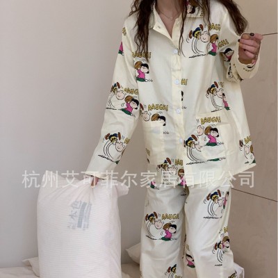 韩版春秋新款睡衣女全棉家居服史努比卡通可爱睡衣套装可外穿图2