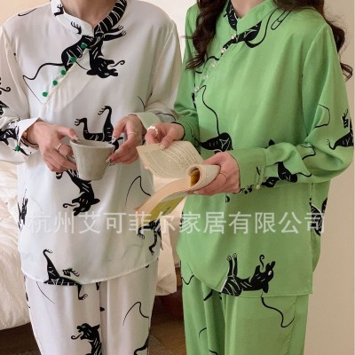 春秋女士睡衣原创新中式醋酸缎印花盘口可外穿家居服套装图3