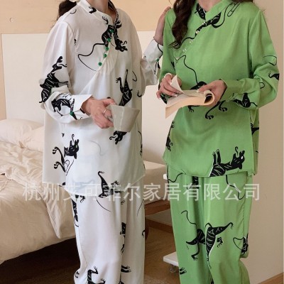 春秋女士睡衣原创新中式醋酸缎印花盘口可外穿家居服套装图2