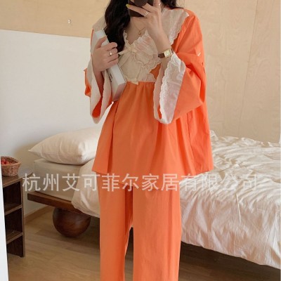棉家居服韩版睡衣女V领纯棉印花宽松薄款春秋娃娃领蕾丝家居服图4