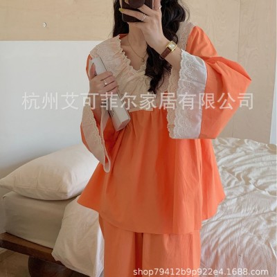 棉家居服韩版睡衣女V领纯棉印花宽松薄款春秋娃娃领蕾丝家居服图5
