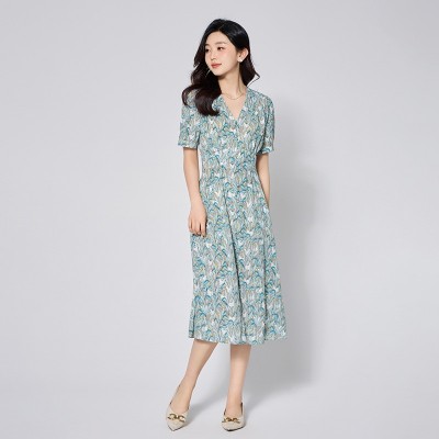 知性气质夏V领真丝连衣裙 优雅清新显瘦设计感时尚桑蚕丝碎花裙图3
