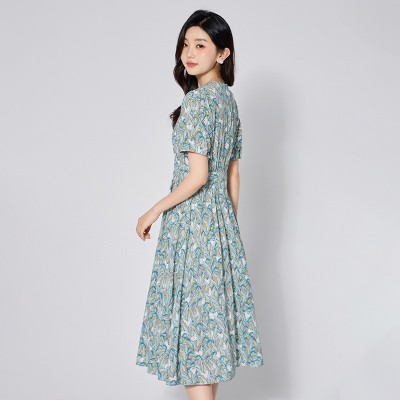 知性气质夏V领真丝连衣裙 优雅清新显瘦设计感时尚桑蚕丝碎花裙图2