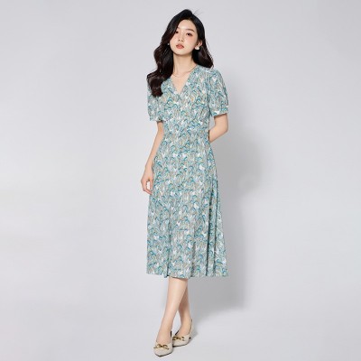 知性气质夏V领真丝连衣裙 优雅清新显瘦设计感时尚桑蚕丝碎花裙图5
