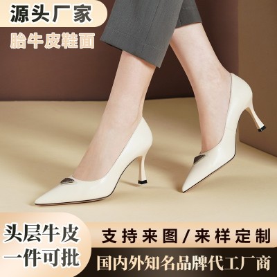 胎牛皮软底高跟鞋名媛风法式尖头细跟真皮职业单鞋女款浅口工作鞋图2
