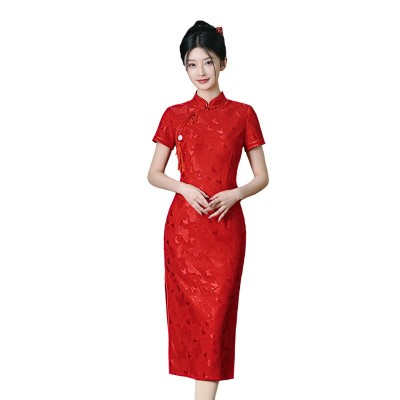 夏季新款蕾丝大红订婚旗袍回娘家显瘦修身改良旗袍婚宴礼服图4