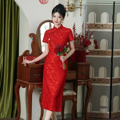 夏季新款蕾丝大红订婚旗袍回娘家显瘦修身改良旗袍婚宴礼服图3