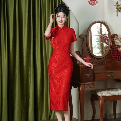 夏季新款蕾丝大红订婚旗袍回娘家显瘦修身改良旗袍婚宴礼服图2