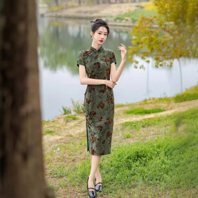 新款旗袍扎染植绒日常旗袍八扣改良少女旗袍夏季传统老上海图2