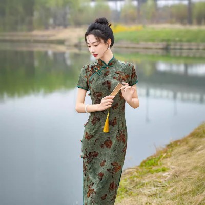 新款旗袍扎染植绒日常旗袍八扣改良少女旗袍夏季传统老上海图3