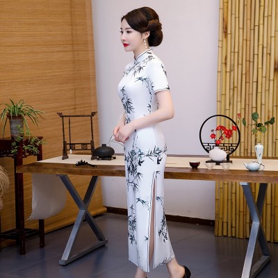 气质端庄中国风丝绸水墨旗袍长款礼服走秀演出服妈妈装优雅复古女图4