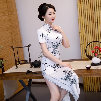气质端庄中国风丝绸水墨旗袍长款礼服走秀演出服妈妈装优雅复古女图5