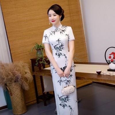 气质端庄中国风丝绸水墨旗袍长款礼服走秀演出服妈妈装优雅复古女图3