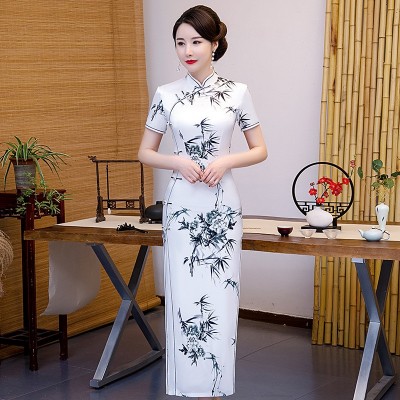 气质端庄中国风丝绸水墨旗袍长款礼服走秀演出服妈妈装优雅复古女图2
