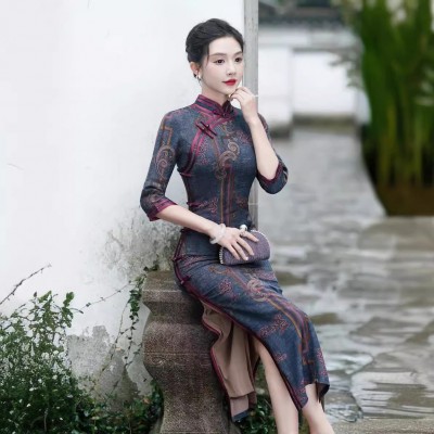 秋新款中国风修身复古时尚优雅大方长款长袖旗袍230816002图5