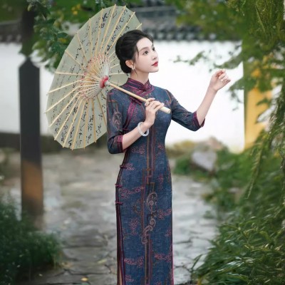 秋新款中国风修身复古时尚优雅大方长款长袖旗袍230816002图3