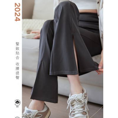 黑色开叉鲨鱼微喇叭裤女外穿春夏薄款辣妹打底裤高腰前口袋马蹄裤图5