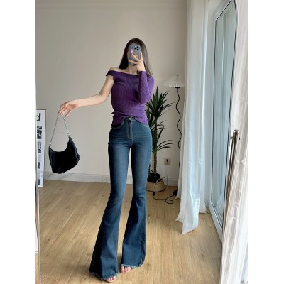 韩系微喇牛仔裤女2024秋季新款高腰显瘦毛边裤脚弹力牛仔喇叭裤子图5