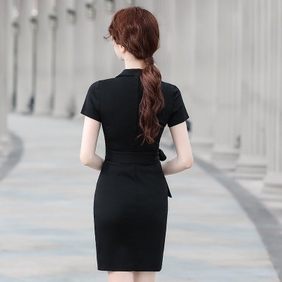 职业装黑色短袖连衣裙女夏季气质v领雪纺连体裙珠宝店工作服图3