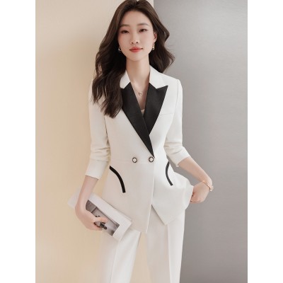 白色撞色西装外套女高级感气质春秋播音主持人职业西服套装工作服图5