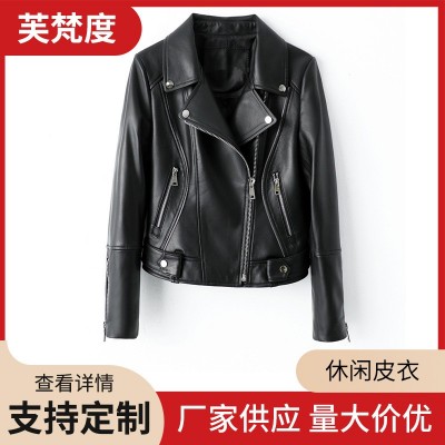 海宁皮衣工厂女真皮绵羊皮春秋款2024修身短款休闲翻领机车外套图4
